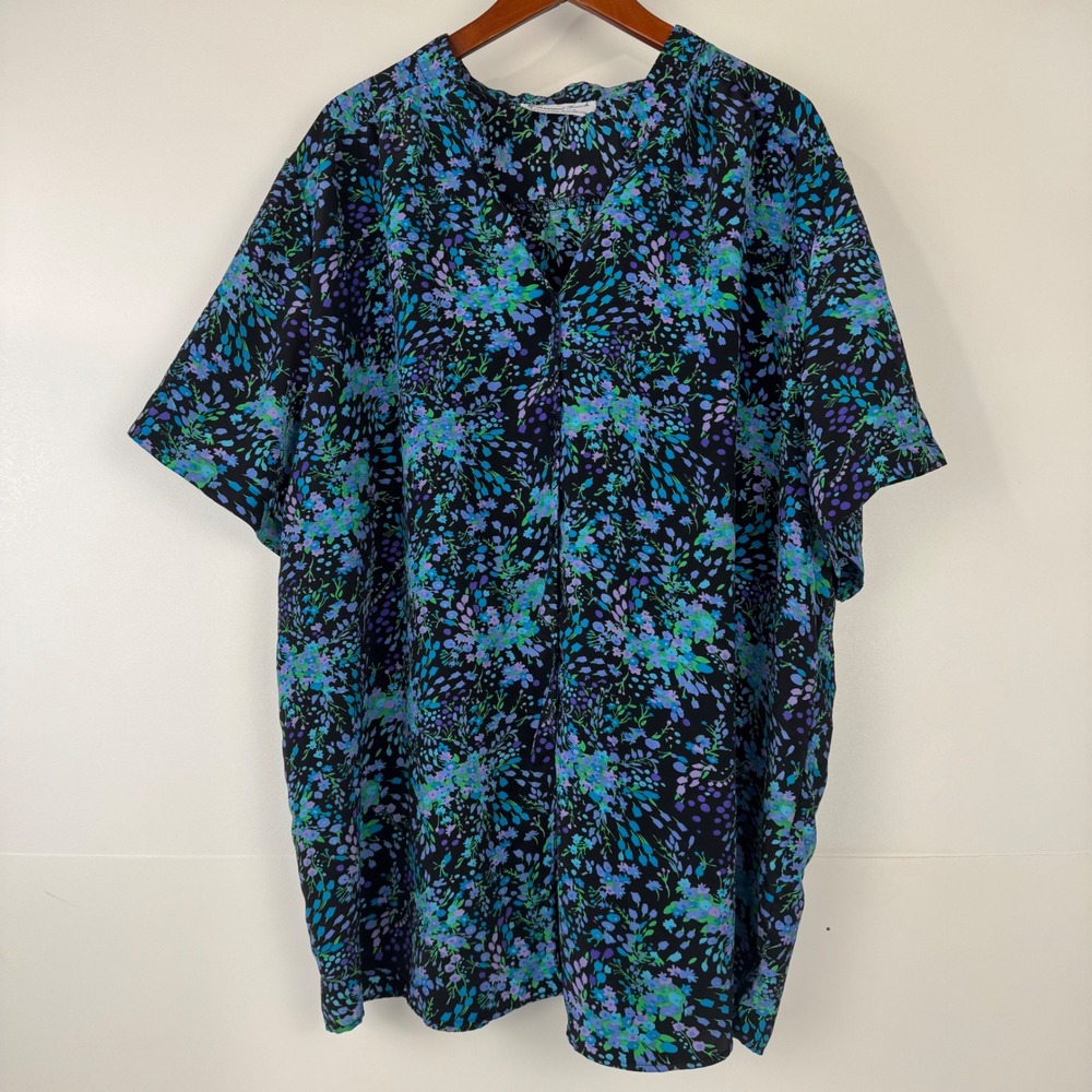 Vtg A Personal Touch Shirt Women 4X Blue Floral Button Up SS Blouse USA Made